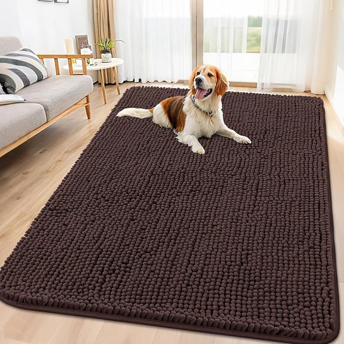 Smiry Dog Door Mat for Muddy Paws 70x32, Absorbent Dirt Trapper, Non-Slip Washable Chenille Entryway Rug for Inside Floor, Brown, Classic Solid
