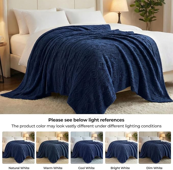 SUPERIOR Fleece Boho Jacquard Blanket, Decorative Blankets for Bedroom, Sofa, Plush, Fluffy, Soft, Cute Room Decor, Beautiful Cover, Comfort Essentials, Arctic Collection, Full/Queen, Navy Blue