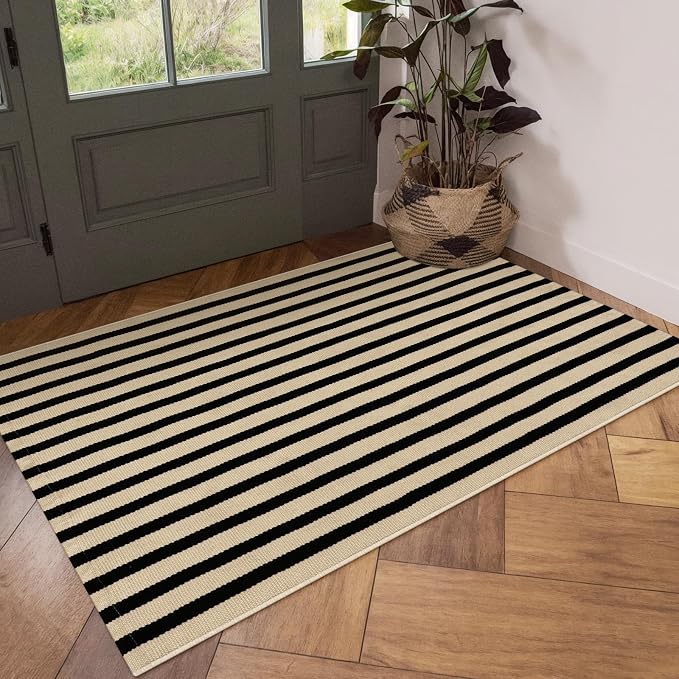 OJIA Washable Outdoor Rug 3'x5' Black and Tan Striped Porch Rug Patio Rugs | Entryway Rugs Indoor Front Door Mat Outside Entrance Cotton Floor Carpet for Entry/Living Room/Balcony/Deck Outdoor Decor