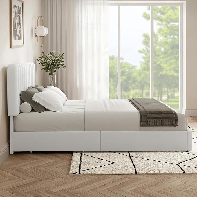VECELO Queen Size Upholstered Bed Frame with 4 Drawers and Headboard, Velvet Platform Storage Bedframe, Wooden Slats Support, No Box Spring Needed,White
