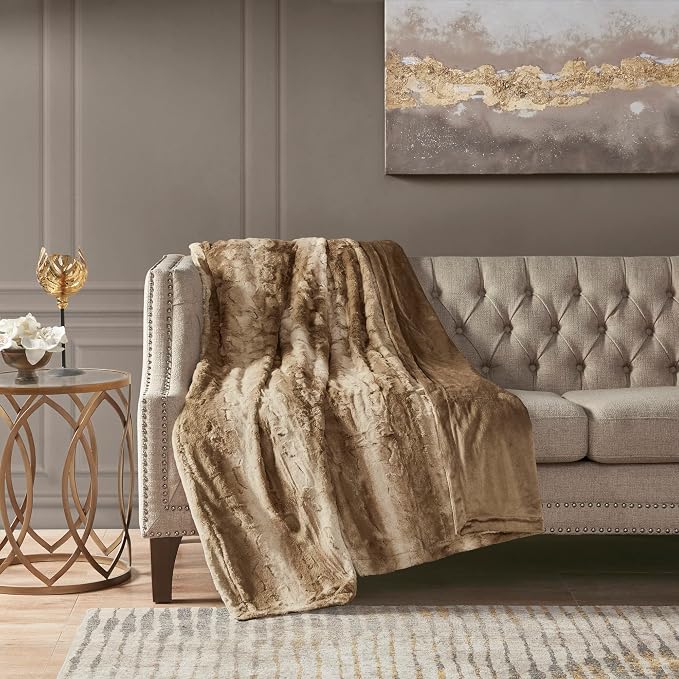 Madison Park Zuri Faux Fur Reversible Throw Blanket, 50 x 60 in, Tan | Oversized Soft Plush, Luxury, Animal Stripes, Mink Reverse, Modern, All Season, for Bed Sofa Couch, OEKO-TEX Certified