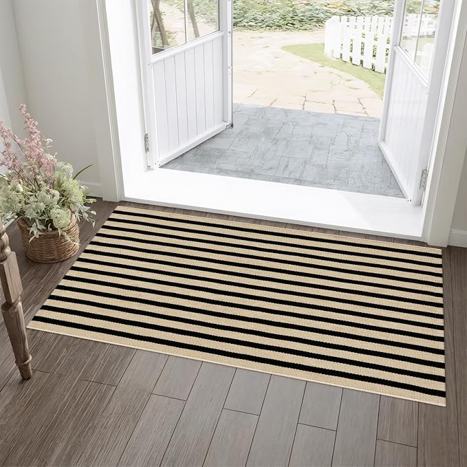 OJIA Outdoor Porch Rug Front Door Mat 24"x51", Black and Tan Striped Rugs | Washable Outdoor Rugs Front Door Rugs Cotton Woven Kitchen Rugs Small Area Rugs for Entryway/Patio/Outside Entrance Decor