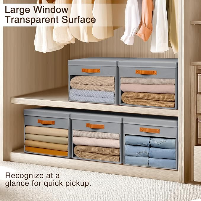 Homsorout Large Storage Bins with Lids - 6 Pack Foldable Decorative Organizers with Clear Windows & Handles, Cube Storage Organizers for Clothes, Blankets, Sweaters, Sheets, Grey