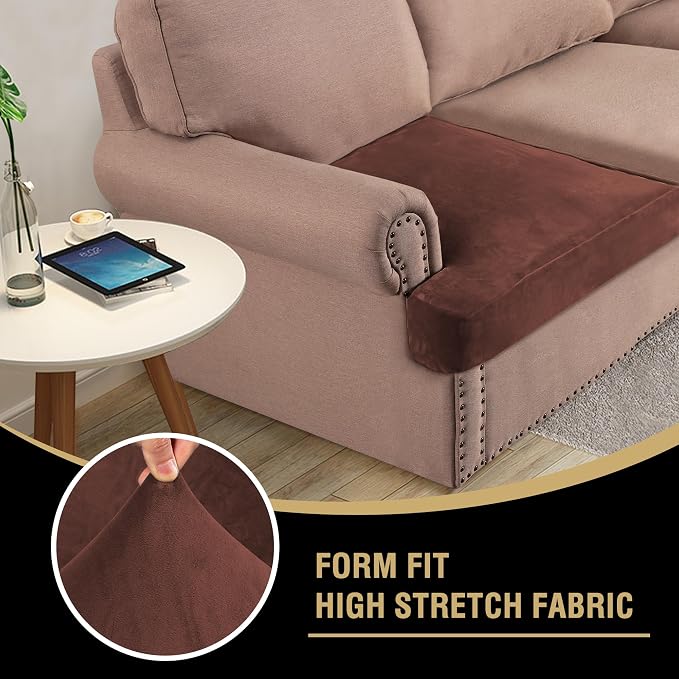 H.VERSAILTEX Stretch Velvet 2 Piece T Cushion Sofa Slipcovers for Living Room Individually Sofa Covers for 2 Cushion Seat Cushion Covers Stay with Elastic Bands (Sofa, Burnt Brick)