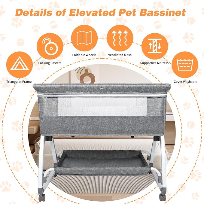 YUEPET Bedside Dog Bed Sleeper, 6-Level Adjustable Pet Bassinet with Lockable Wheels, Removable Washable Cover, Breathable Mesh & Large Storage Extension for Small Medium Dogs Cats (35'' × 21.7''