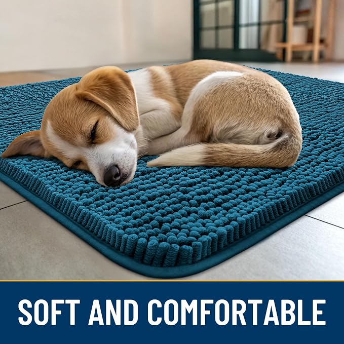 Smiry Dog Door Mat for Muddy Paws 30x17, Absorbent Dirt Trapper, Non-Slip Washable Chenille Entryway Rug for Inside Floor, Atlantic Blue, Classic Solid