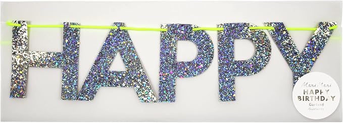 Meri Meri Silver Happy Birthday Banner (Pack of 1), 8' Birthday Party Banner with Excess Cord