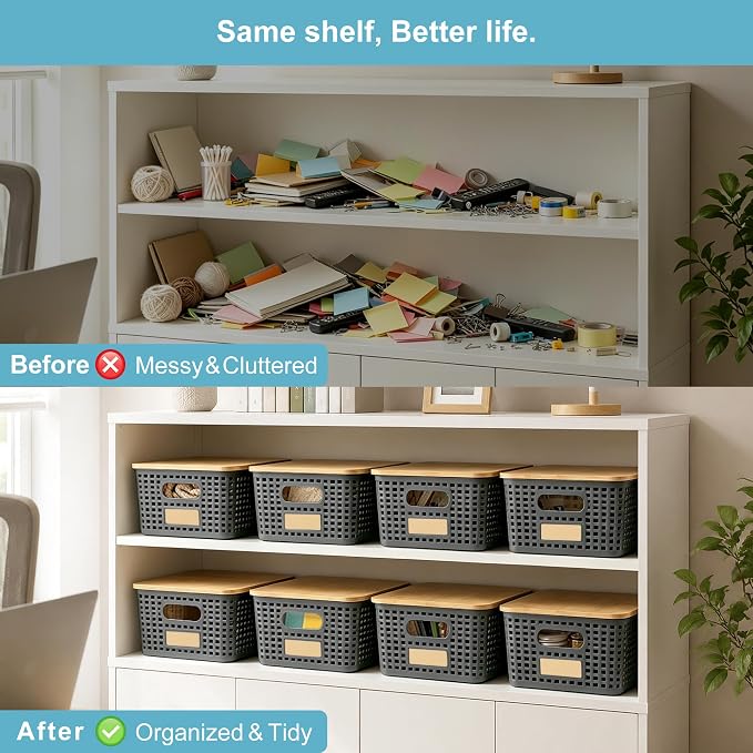 Bagnizer Small Plastic Storage Bins with Bamboo Lids 5.2qt Stackable Box Basket Pantry Decorative Containers Cute with Lable for Organizing Desktop Closet Office Gray of 6 packs 10 * 7.2 * 4.1"