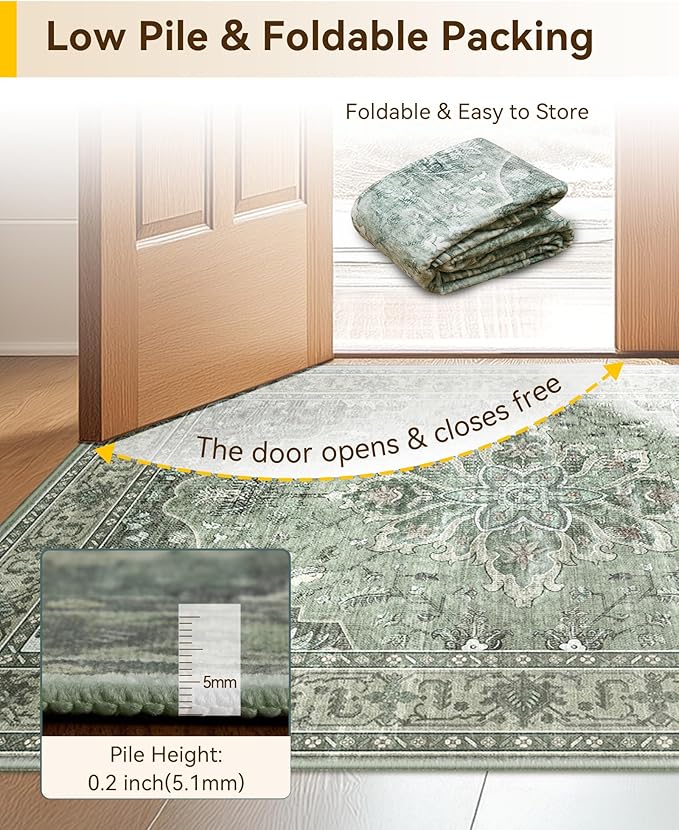 Area Rugs 8'x10' Washable Non-Slip, Floral Vintage Distress Print Pattern Medallion Carpet for Living Room Bedroom Dining Room, Dark Green Gray