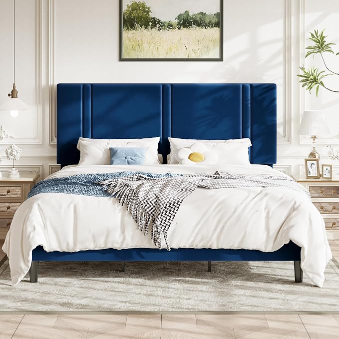 Allewie King Size Platform Bed Frame with Adjustable Headboard | Plush Velvet Upholstered, Vertical Channel Tufted, Sturdy Wood Slats, No Box Spring Needed, Easy Assembly, Blue