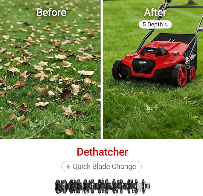Cordless Dethatcher and Scarifier Compatible with Milwaukee 18V Battery | Tool Only, 15" Electric Brushless Lawn Dethatcher, Dual Battery Powered, Air Boost Technology, 12-Gal Collection Bag,5 Depths