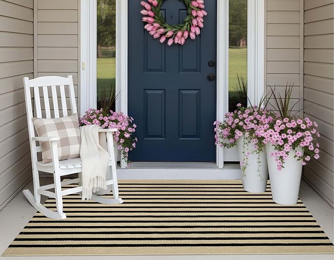 Tan and Black Outdoor Rugs 3'x5',Machine Washable Porch Rugs Cotton Woven Indoor Outdoor Layered Door Mats Small Area Rug for Home Entrace Decor/Bedroom/Entryway