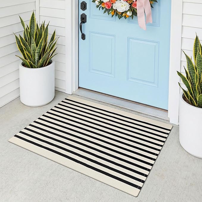 KOZYFLY Striped Rug 2x3 ft Beige and Black Stripes Doormat Cotton Woven Washable Indoor Outdoor Rug Front Door Mat for Entryway Porch Kitchen Patio Decor Small Area Rugs