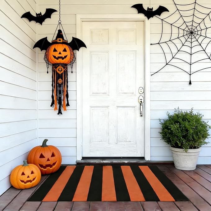 Striped Outdoor Rug 27.5x43 Orange and Black Front Door Mat, Halloween Layering Rug for Porch, Washable Doormat, Cotton Area Rug for Outdoor Entrance Entryway Patio Porch Decor
