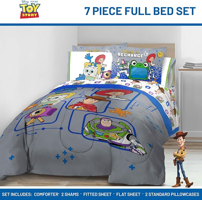 Jay Franco Kids Comforter Set Includes Sheets and Pillow Covers - Soft and Cozy Bed Set for Stylish Room Decor, Official Licensed Bedding, Grey - Toy Story, 7 Piece Full