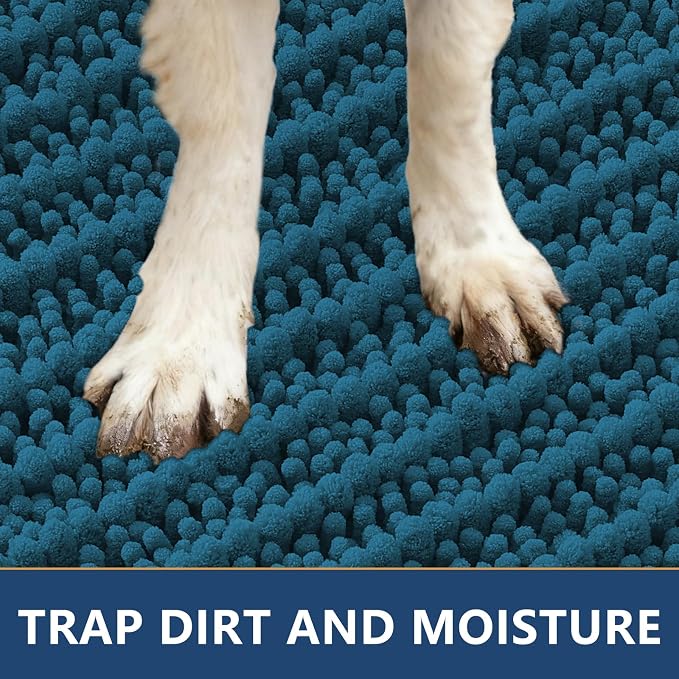 Smiry Dog Door Mat for Muddy Paws 47x32, Absorbent Dirt Trapper, Non-Slip Washable Chenille Entryway Rug for Inside Floor, Atlantic Blue, Layered Pattern