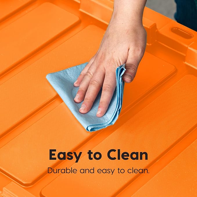 IRIS USA 3-Pack 27 Gal Heavy Duty Storage Tote Bins with Lids, Orange | Large-capacity design stores seasonal gear, moving supplies and equipment, Stackable shape supports efficient organization