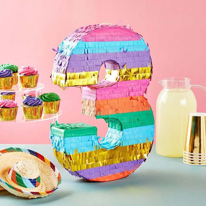 BLUE PANDA Number 3 Pinata - Rainbow 3rd Birthday Party Decorations - Tissue Paper Fiesta Pinata for Kids Anniversary Celebrations | Multicolored | 11.4 x 16.5 x 3 Inches