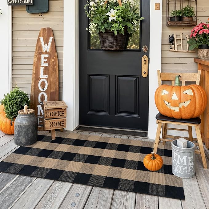 KIMODE Front Door Mat Outside Entrance 24"x51",Black and Tan Checkered Outdoor Rug,Farmhouse Fall Front Porch Rug Decor,Cotton Woven Washable Layering Rug for Front Door,Outside Entrance,Kitchen