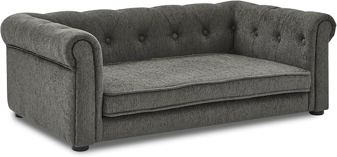 38.9" Upholstery Elevated Dog Sofa with Button‑Tufted Backrest & Rolled Armrests, Pet Couch Bed with Removable Soft Cushion, Comfy Modern Deep Seat Raised Dog Bed for Living Room, Bedroom,Dark Grey