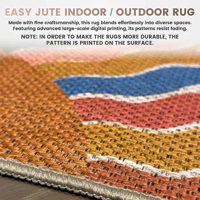 Washable Sun Easy Jute Rug, 9x12 Rainbow Sun Modern Boho Retro Outdoor Indoor Patio Large Area Rug, Woven Ultra Thin Non Slip Carpet Mat for Living Dining Room Bedroom Classroom Kids Nursery Play Room