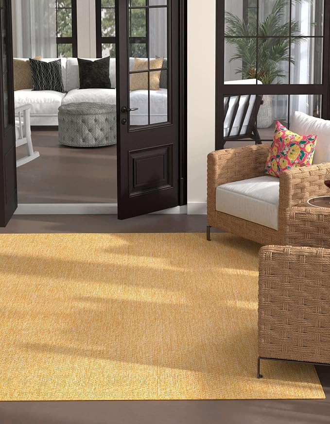 Unique Loom Collection Casual Transitional Solid Heathered Indoor/Outdoor Flatweave Area Rug (10' 8" Square, Corn Harvest Yellow)