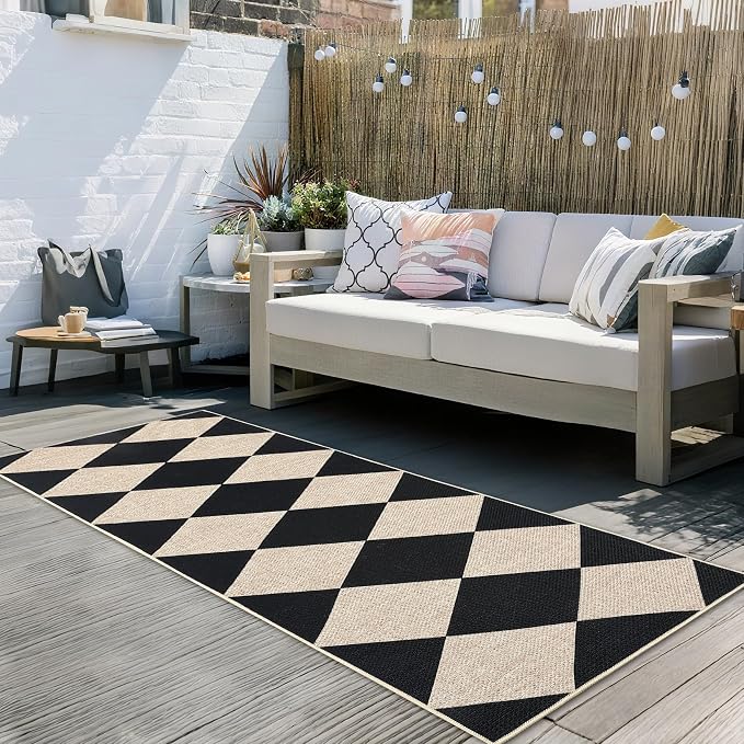 GarveeHome Easy Jute Rugs 2x8 Checkered Kitchen Runner Rugs Non Skid Washable Stain Resistant Indoor Outdoor Rugs for Living Room, Bedroom, Dining, Patio - Farmhouse Style Black