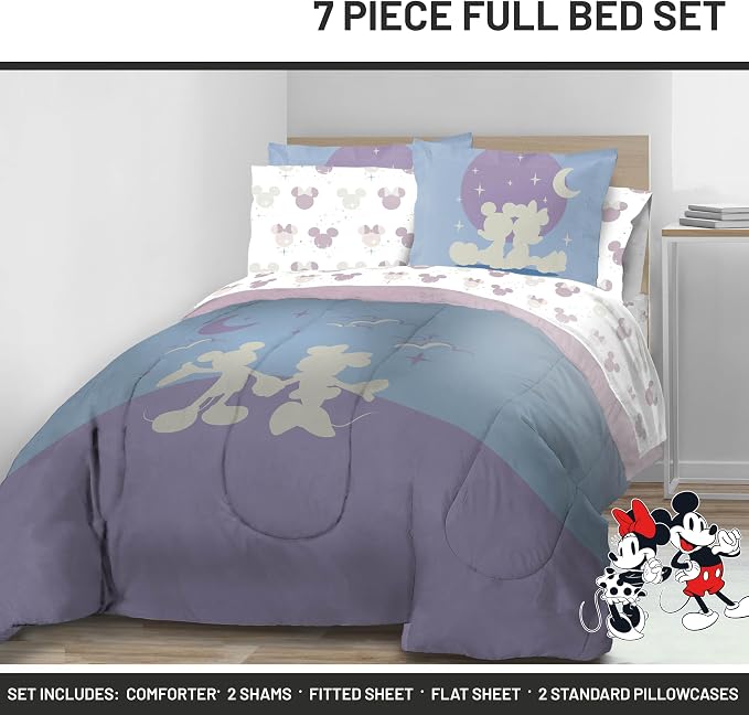 Disney Mickey and Minnie Mouse Full Size Comforter Set 7 Piece Bedding | Grey, Bed in a Bag, Comforter Sheets Shams Pillowcases, Official Product, Soft Microfiber, Machine Washable, Kids Gift