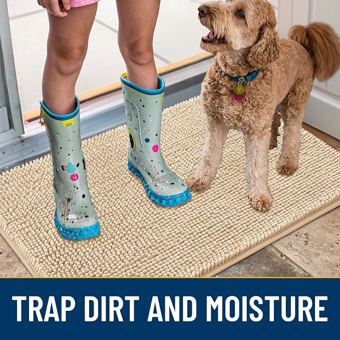 Smiry Dog Door Mat for Muddy Paws 40x24, Absorbent Dirt Trapper, Non-Slip Washable Chenille Entryway Rug for Inside Floor, Beige, Classic Solid