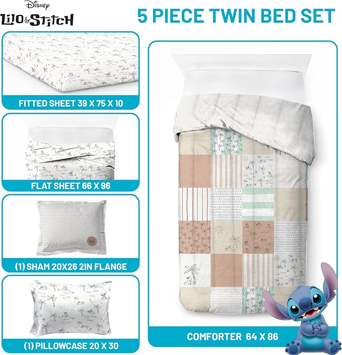Disney Lilo and Stitch Twin Comforter Set 5 Piece Bedding for Girls, Multi | Bed in a Bag, Comforter Sheets Sham Pillowcase, Official Product, Soft Microfiber, Machine Washable, Easy Care, Girls Gift