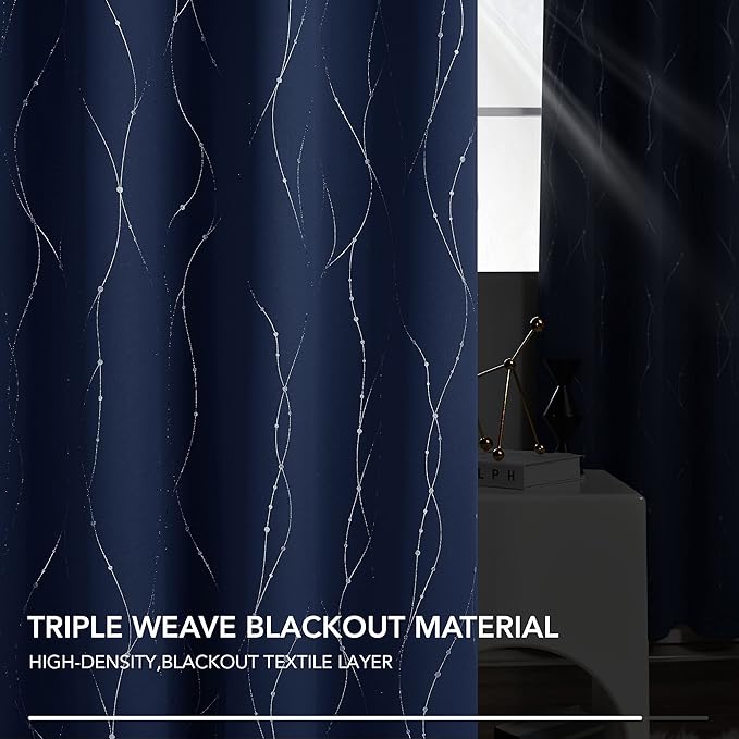 Deconovo Short Kitchen Curtains, Navy Blue Blakcout Curtain 42 x 54 Inch, Thermal Insulated Soundproof Drapes with Silver Wave Dots Prit, Grommet Top, Machine Washable for Nursery Bedroom Living Room