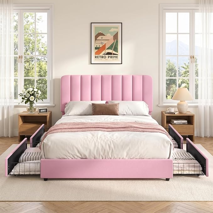 VECELO Queen Size Upholstered Bed Frame with 4 Drawers and Headboard, Velvet Platform Storage Bedframe, Wooden Slats Support, No Box Spring Needed,Pink