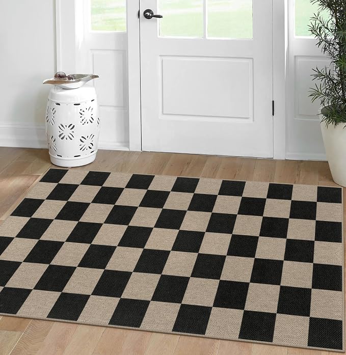 Rugalia Easy Jute Checkered Area Rug, 3x5 Indoor Outdoor Entryway Rug Washable Black Checkerboard Kitchen Rugs, Non-Slip Modern Farmhouse Throw Carpet for Living Room Patio Kids Room
