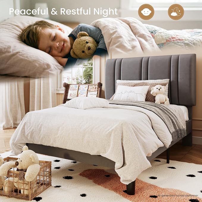 SHA CERLIN Twin Size Velvet Bed Frame with Adjustable Headboard, Grey | Vertical Channel Tufted Design, Upholstered Platform Bed, Wood Slats Support/No Box Spring Needed/Easy Assembly