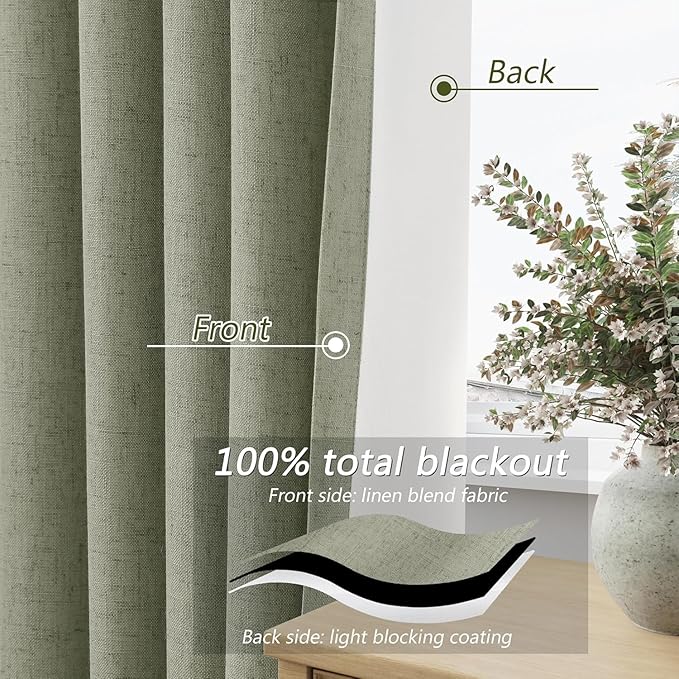 Sage Green 100% Blackout Curtains 40 Inch Wide by 90 Inch for Living Room Bedroom Back Tab Thermal Insulated Black Out Linen Drapes Room Darkening Window Curtains