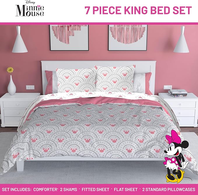 Disney Minnie Mouse King Comforter Set 7 Piece Bedding for Girls, Grey | Bed in a Bag, Comforter Sheets Shams Pillowcases, Official Product, Soft Microfiber, Machine Washable, Girls Gift