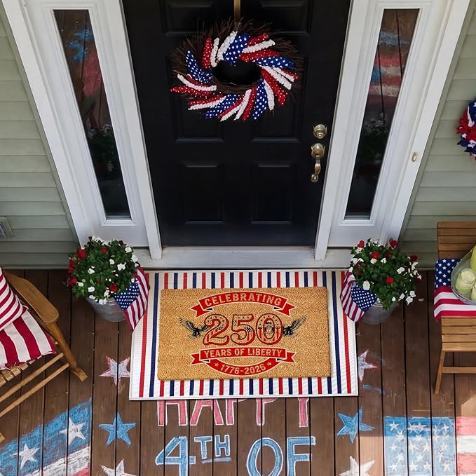 Moucuny 2 Pcs 4th of July Coir Door Mat Outdoor, Patriotic Non-Slip Decor