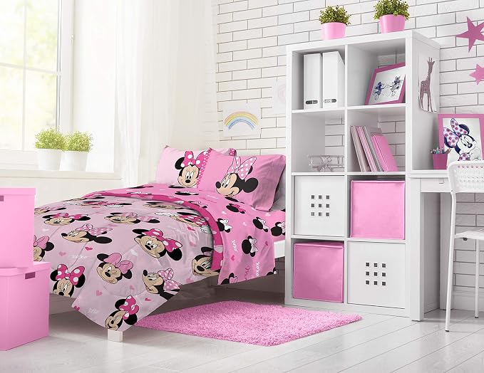 Jay Franco Disney Minnie Mouse 5 Piece Full Comforter Set for Kids | Bed in a Bag, Reversible, Super Soft Microfiber, Machine Washable, All Season Kids Bedding, Pink (Official Disney Product)