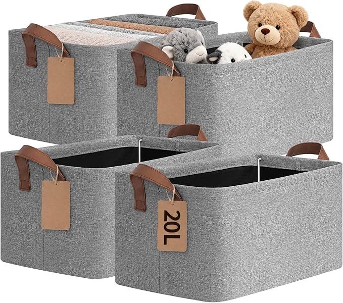 CHICVITA 4 Pack Foldable Fabric Storage Bins with Metal Frame, Gray | 14.8 × 10.3 × 8.3 in, Reinforced Handles, Closet & Shelf Organization, Toys, Blankets, Clothes & Linens Storage