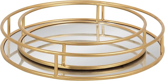 Kate and Laurel Felicia Modern Glam Metal Nesting Trays | Decorative Round Shape with Handles and Mirror Surface, Set of 2, Gold