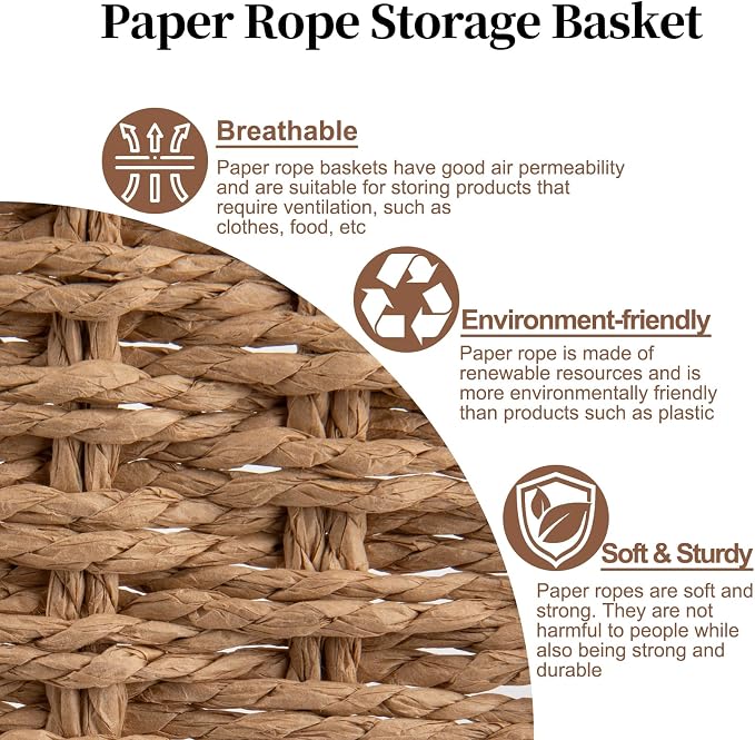 OIAHOMY Pantry Baskets for Organizing, Paper Rope Baskets with Built-in Handles, Wicker Storage Bins for Shelves, 2 Pack-Yellow