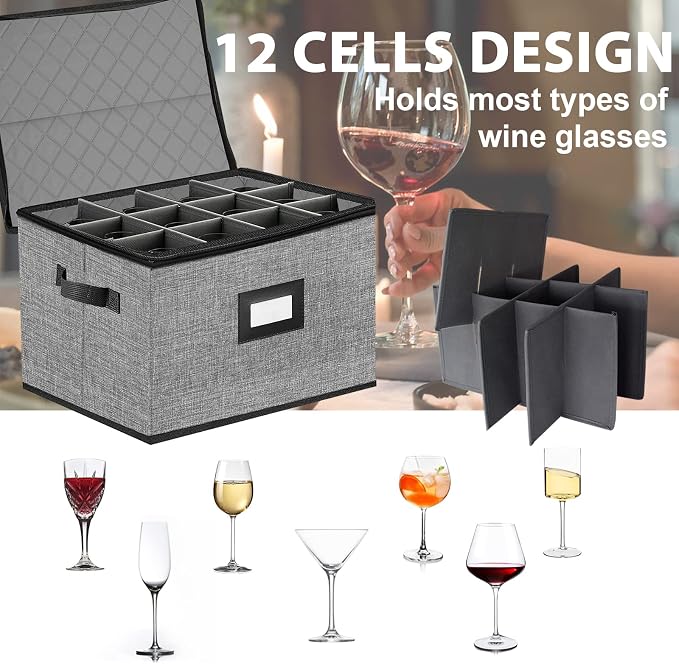 2PACK Quilted Wine Glass Storage Box,China Storage Containers hard shell,Moving Boxes,Storage Containers for Organizing,Stackable Stemware Storage Cases,Moving Supplies | China Storage Containers, Hard Shell, Moving Boxes, Stackable Stemware Storage Cases