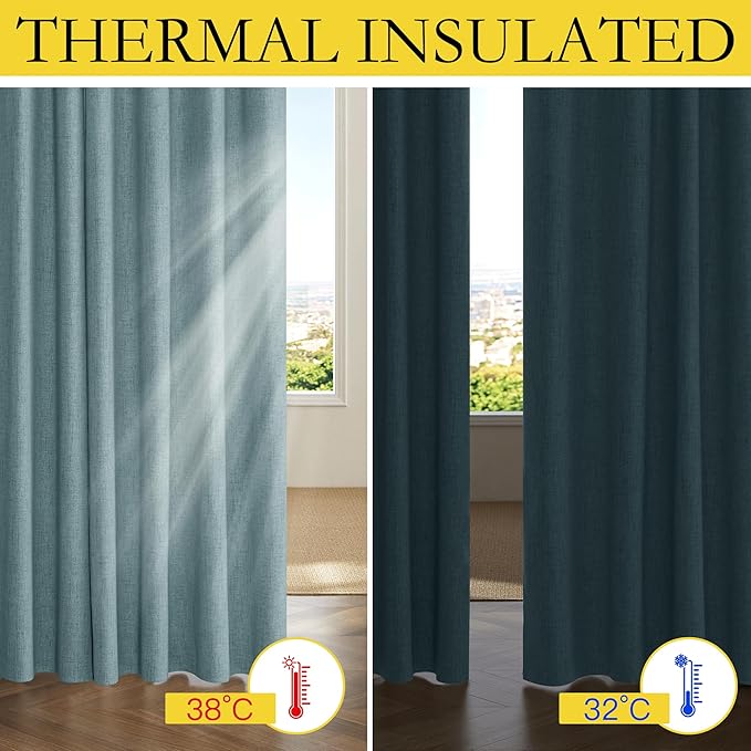 NICETOWN 100% Absolutely Blackout Linen Curtains with Thermal Insulated White Liner, Skylark Blue, 52 inches Wide, 95 inches Length Energy Saving Curtains for Living Room 2 Panels Set, Vertical Blinds