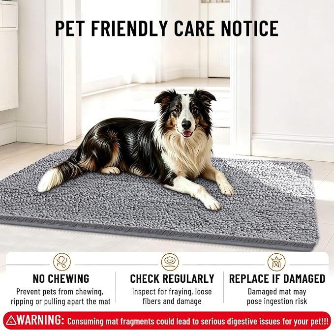 Smiry Dog Door Mat for Muddy Paws 40x24, Absorbent Dirt Trapper, Non-Slip Washable Chenille Entryway Rug for Inside Floor, Grey, Classic Solid