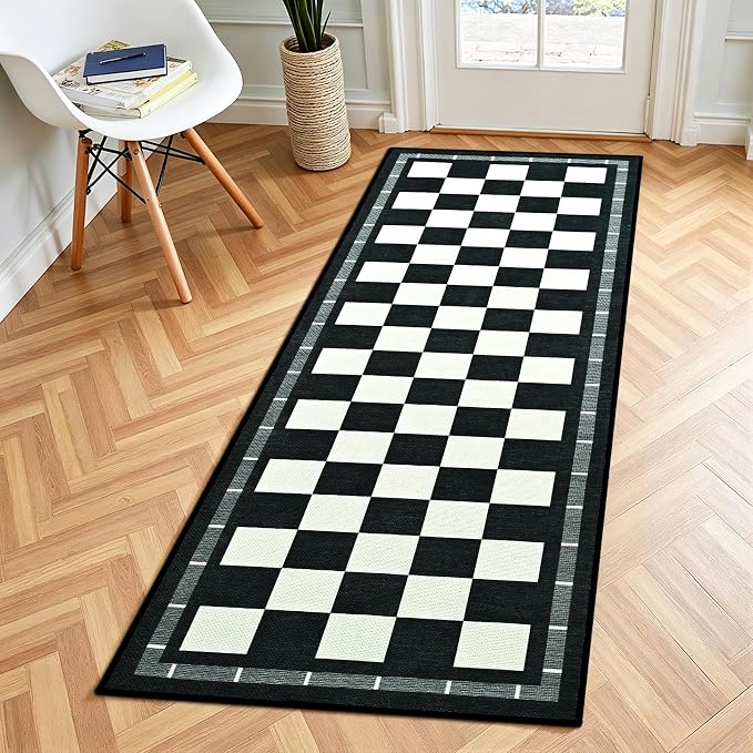 Jute Checkered Runner Rug, 2x6 Outdoor Runner Rugs, Washable Hallway Runner | Farmhouse Runner Carpet Non-Slip Kitchen Mat, Modern Checkerboard Indoor Outdoor Carpets for Porch Laundry, Black and White