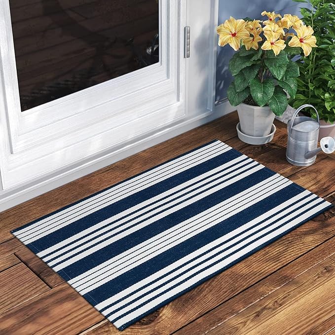 OJIA Front Door Mats Outdoor Welcome Mat 2'x3' Striped Rugs Porch Decor | Washable Cotton Woven Indoor Outdoor Rugs Farmhouse Small Area Rug Layered Doormat for Entryway/Kitchen/Entrance/Patio Decor