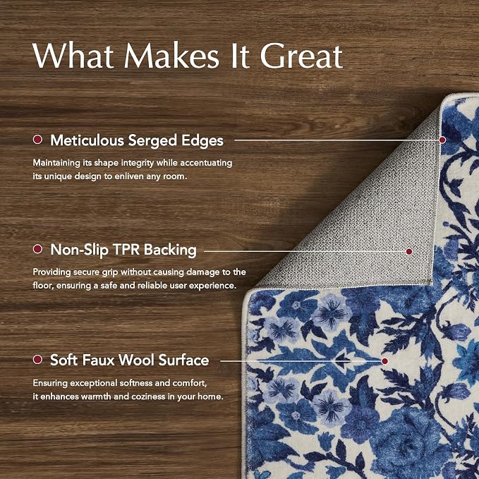 EVERGRACE Hallyway Area Runner Rugs 2x8, Boho Floral Faux Wool Indoor Outdoor Rugs, Washable Rugs for Bedroom Dining Room Living Room Kitchen, Low Pile Floor Mat Carpet for Home Decor, Celtic Blue