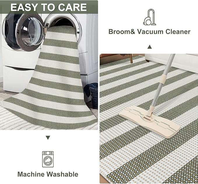 LEEVAN Outdoor Patio Rug 5x7 Striped Porch Mat, Washable Spring Balcony Rug | Green and White Backyard Rug, Plaid Outside Entrance Floor Mat, Indoor/Outdoor Layered Mat for Deck/Pool/Camping/RV
