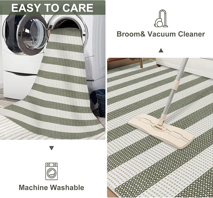 LEEVAN Striped Outdoor Rug 4x6, Washable Front Porch Rug, Spring Plaid Door Mats Outside Entrance, Green and White Entryway Floor Mat, Buffalo Woven Patio Layered Mat for Entrance/Deck/Camping