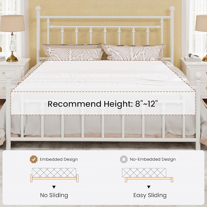 SHA CERLIN 14" King Size Metal Platform Bed Frame/Victorian Headboard and Footboard/Steel Slats Mattress Foundation for Storage/No Box Spring Needed/Noise Free/White